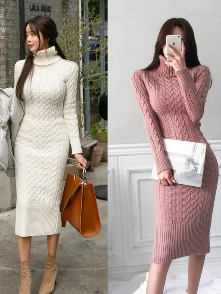 Wjczt Women&#39;s New Knitted Turtleneck Long Sleeve Slim and Slim Mid-length Over-the-knee Dress In Autumn and Winter White Dress