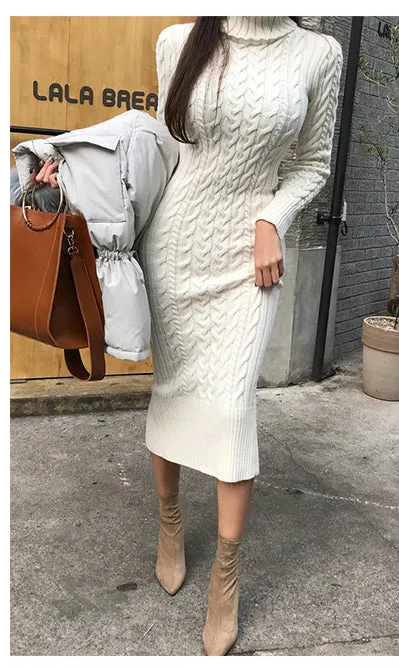 Wjczt Women&#39;s New Knitted Turtleneck Long Sleeve Slim and Slim Mid-length Over-the-knee Dress In Autumn and Winter White Dress