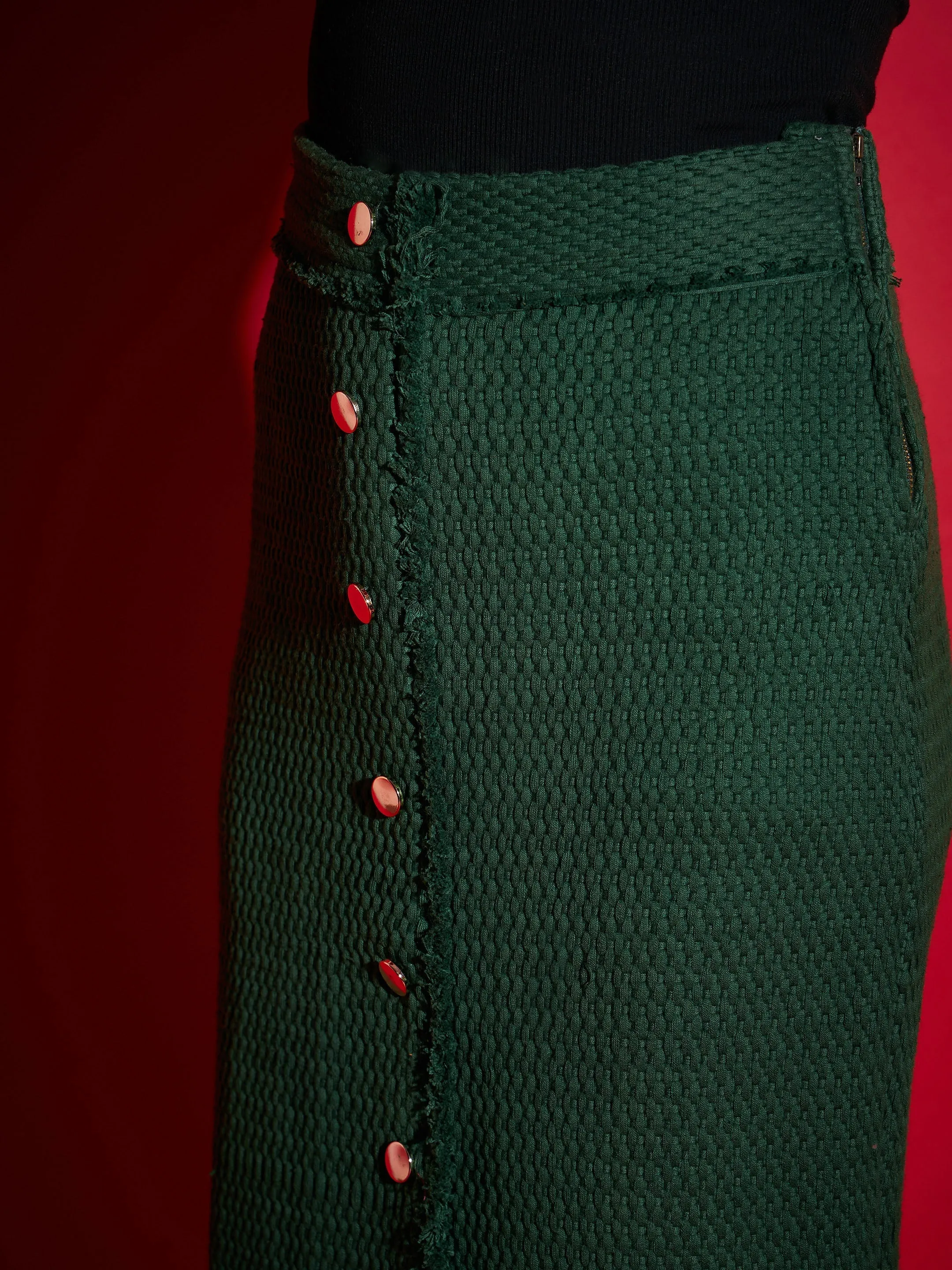 Women Green Tweed Front Button Midi Skirt