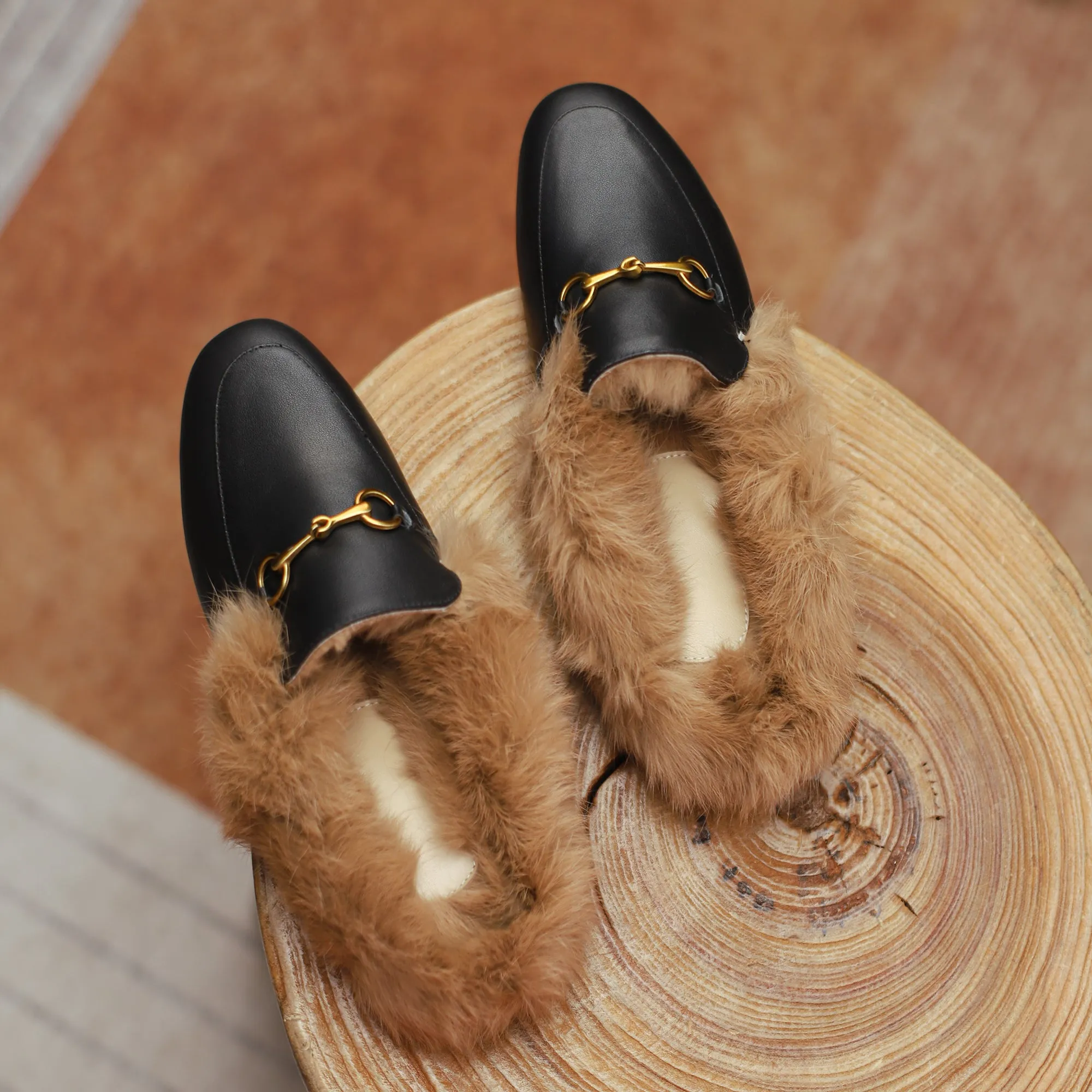 Women Leather Fur Flat Slippers Mules