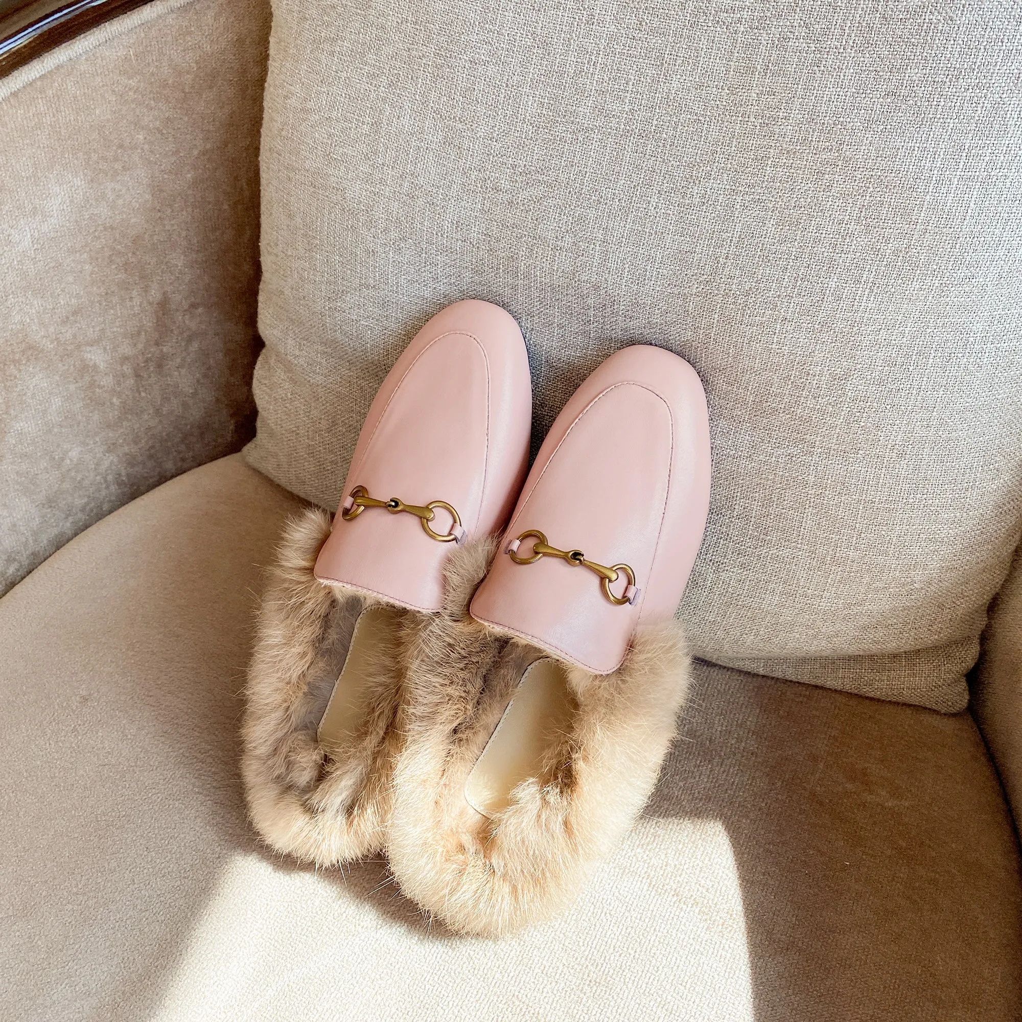 Women Leather Fur Flat Slippers Mules