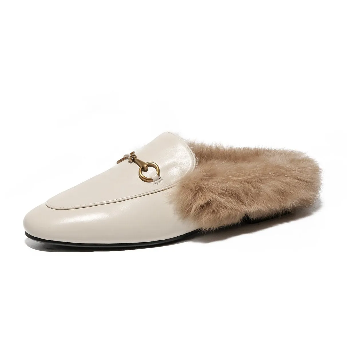 Women Leather Fur Flat Slippers Mules