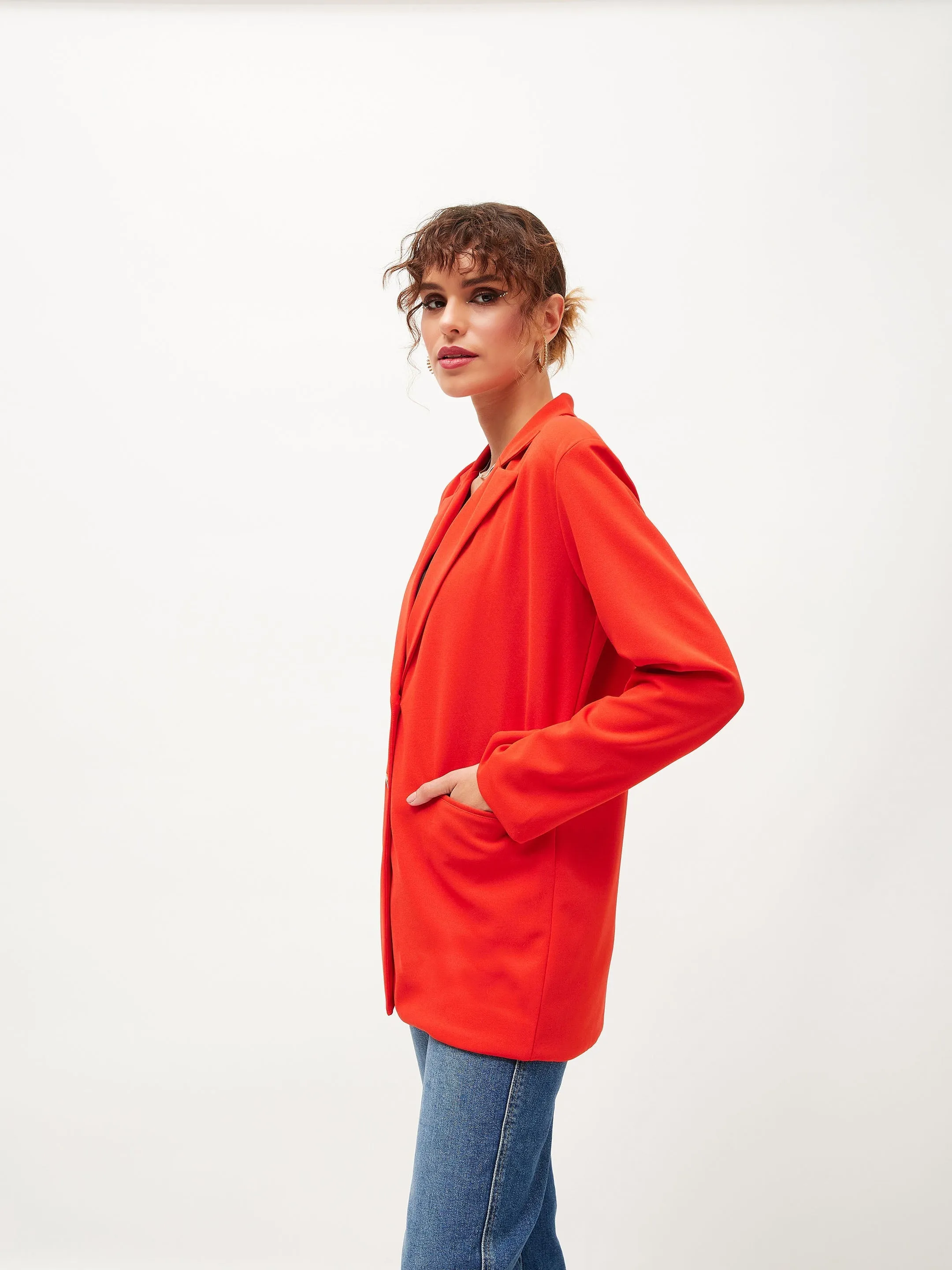 Women Orange Notch Collar Blazer