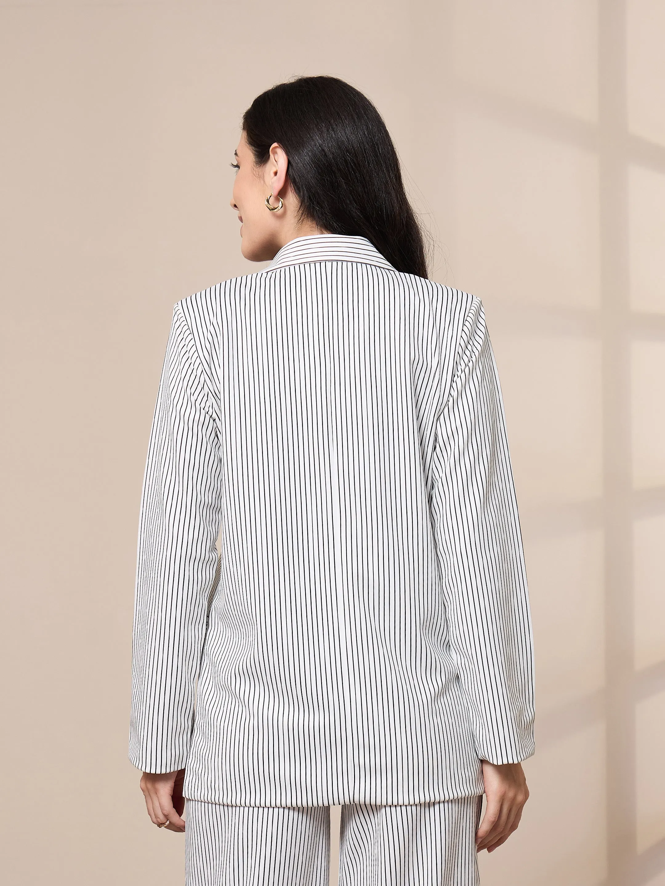 Women White Striped Front Button Blazer