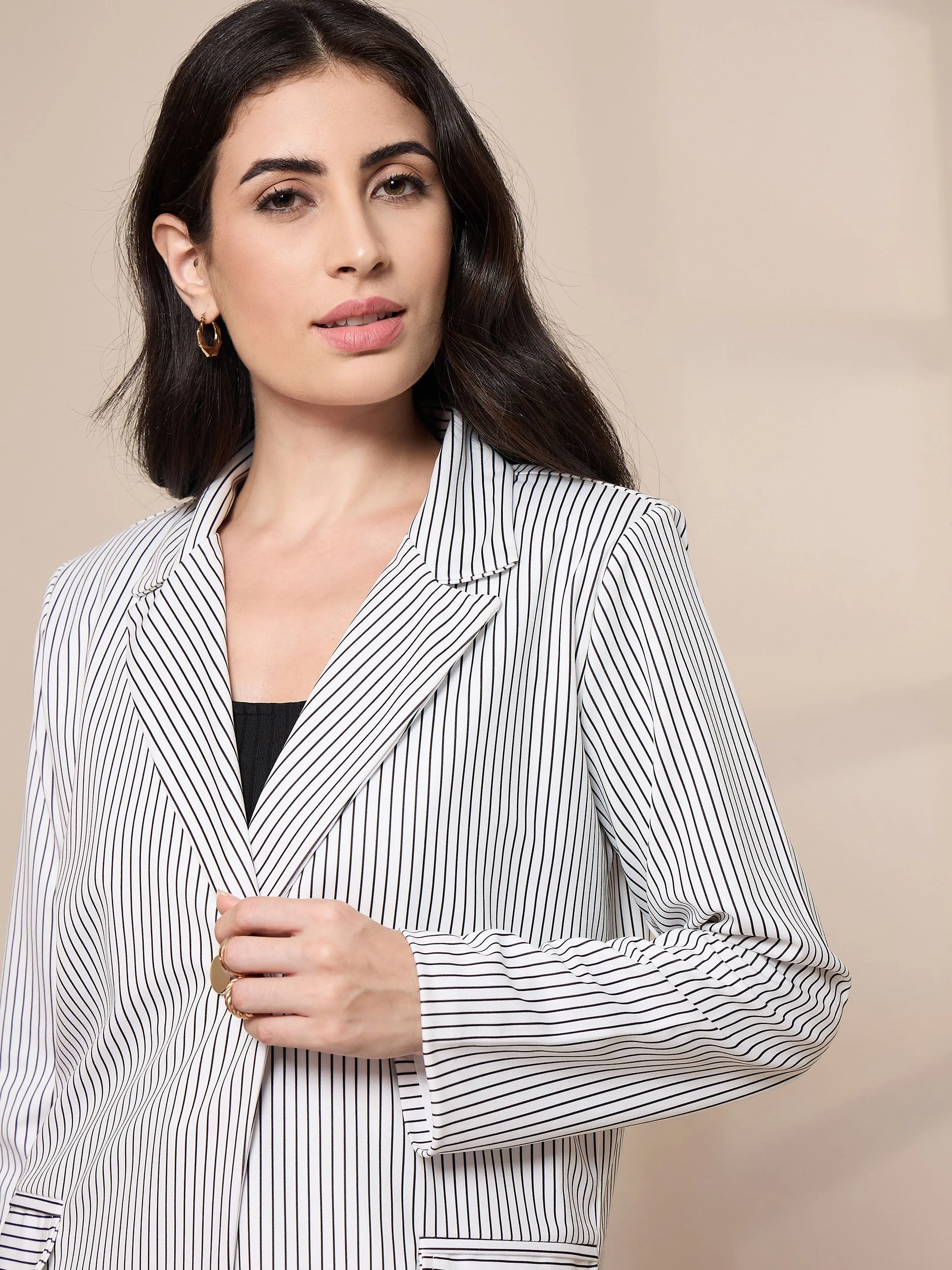 Women White Striped Front Button Blazer