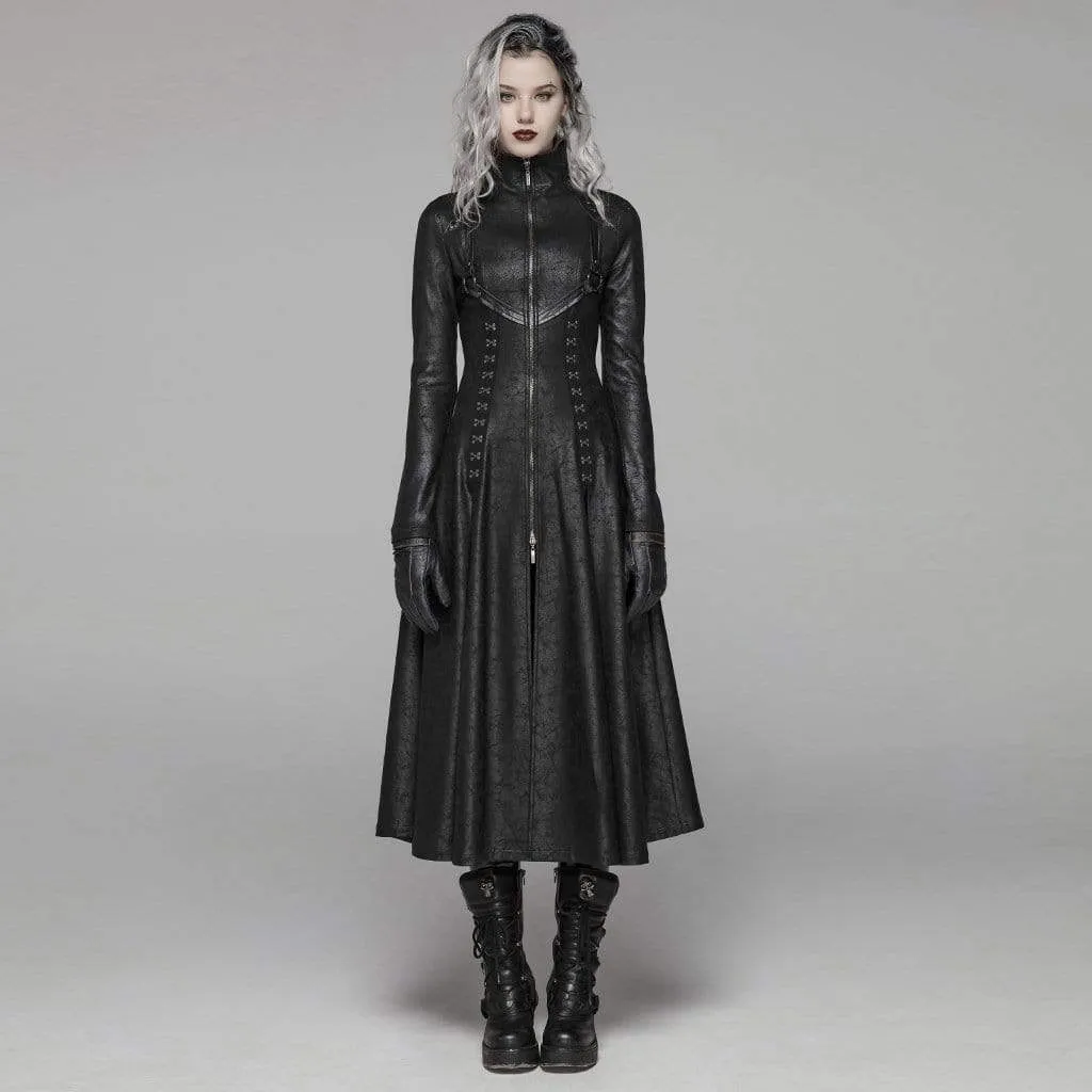 Women's Goth Front Zipper Stand Collar Maxi Overcoat