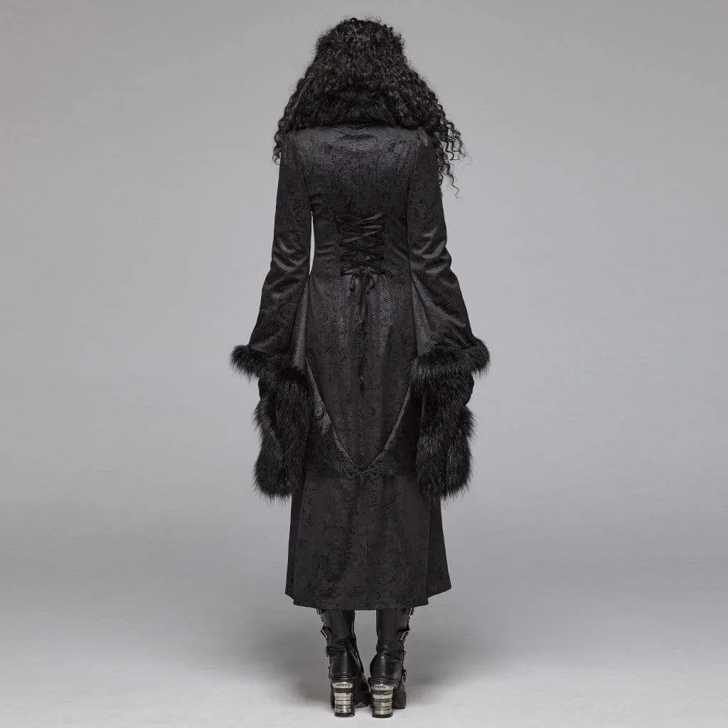 Women's Goth Jacquard Flare Sleeved Woolen Maxi Overcoat With Fur Collar