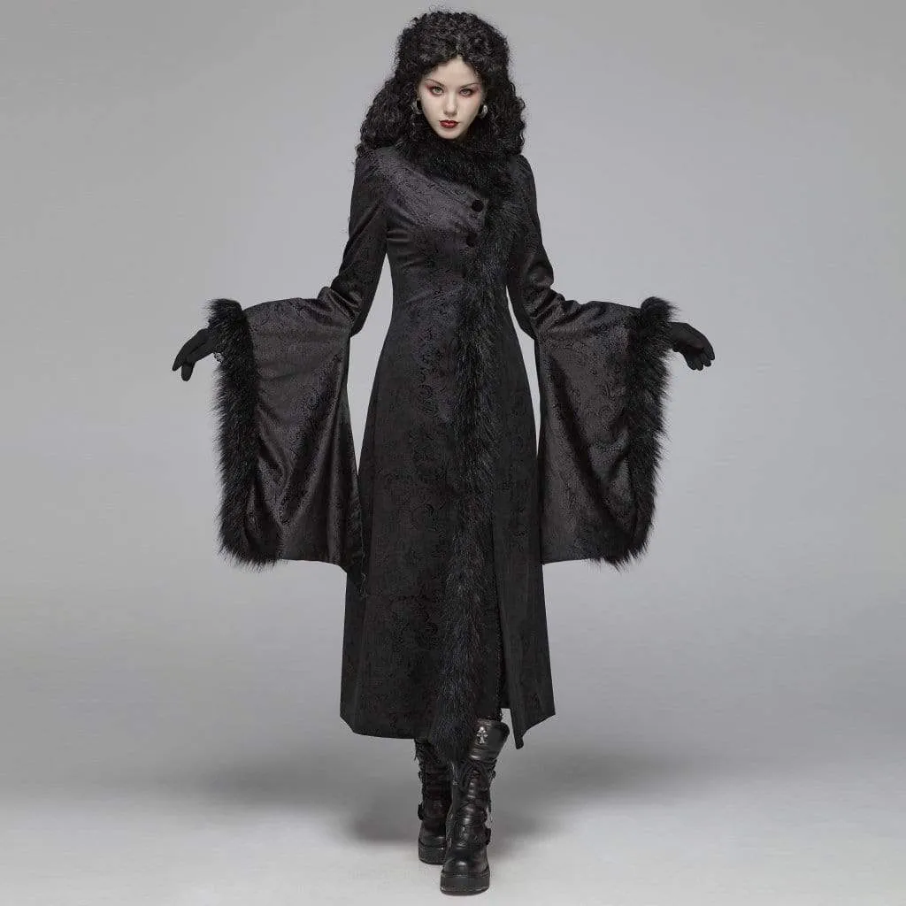 Women's Goth Jacquard Flare Sleeved Woolen Maxi Overcoat With Fur Collar