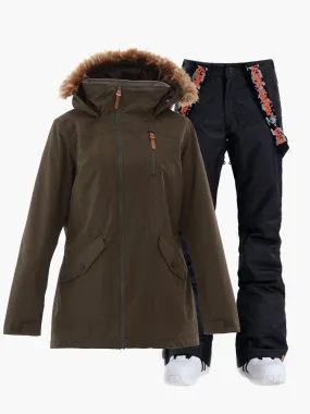 Women's Green Jackets & Black Pants Ski Suits