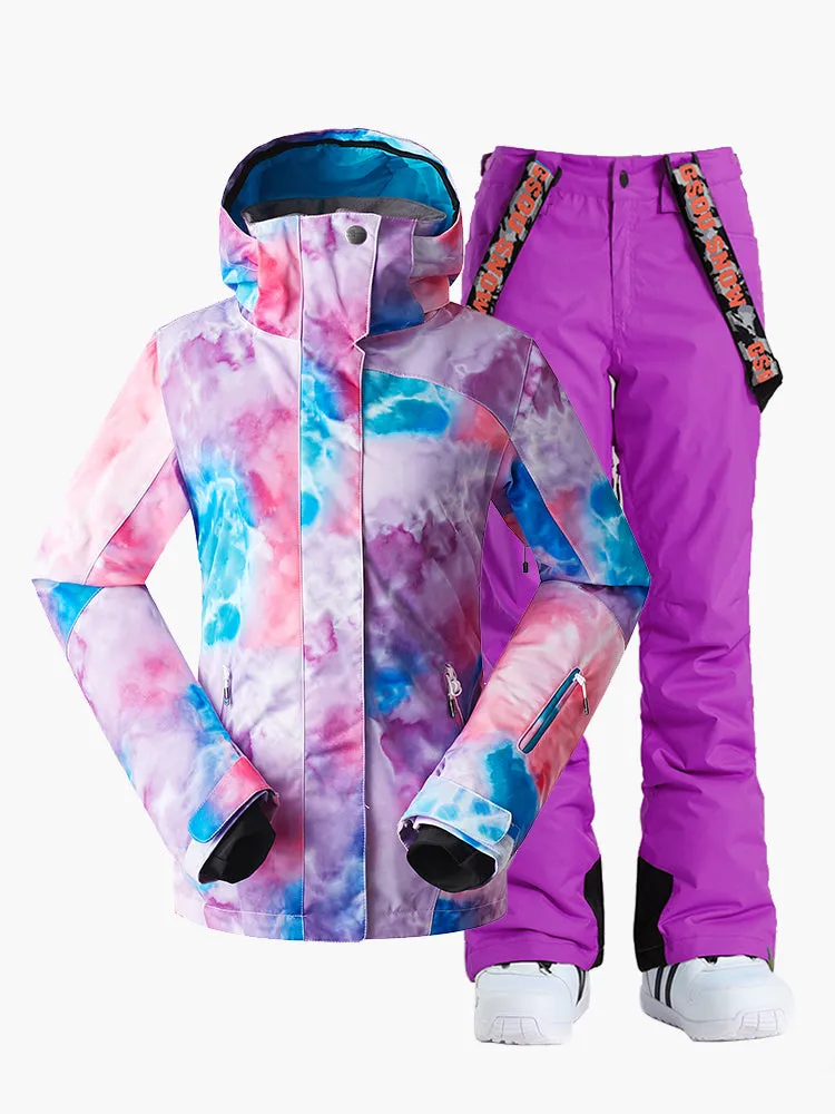 Womens Ski Suits Colorful Snowboard Jacket Purple Pants Sets