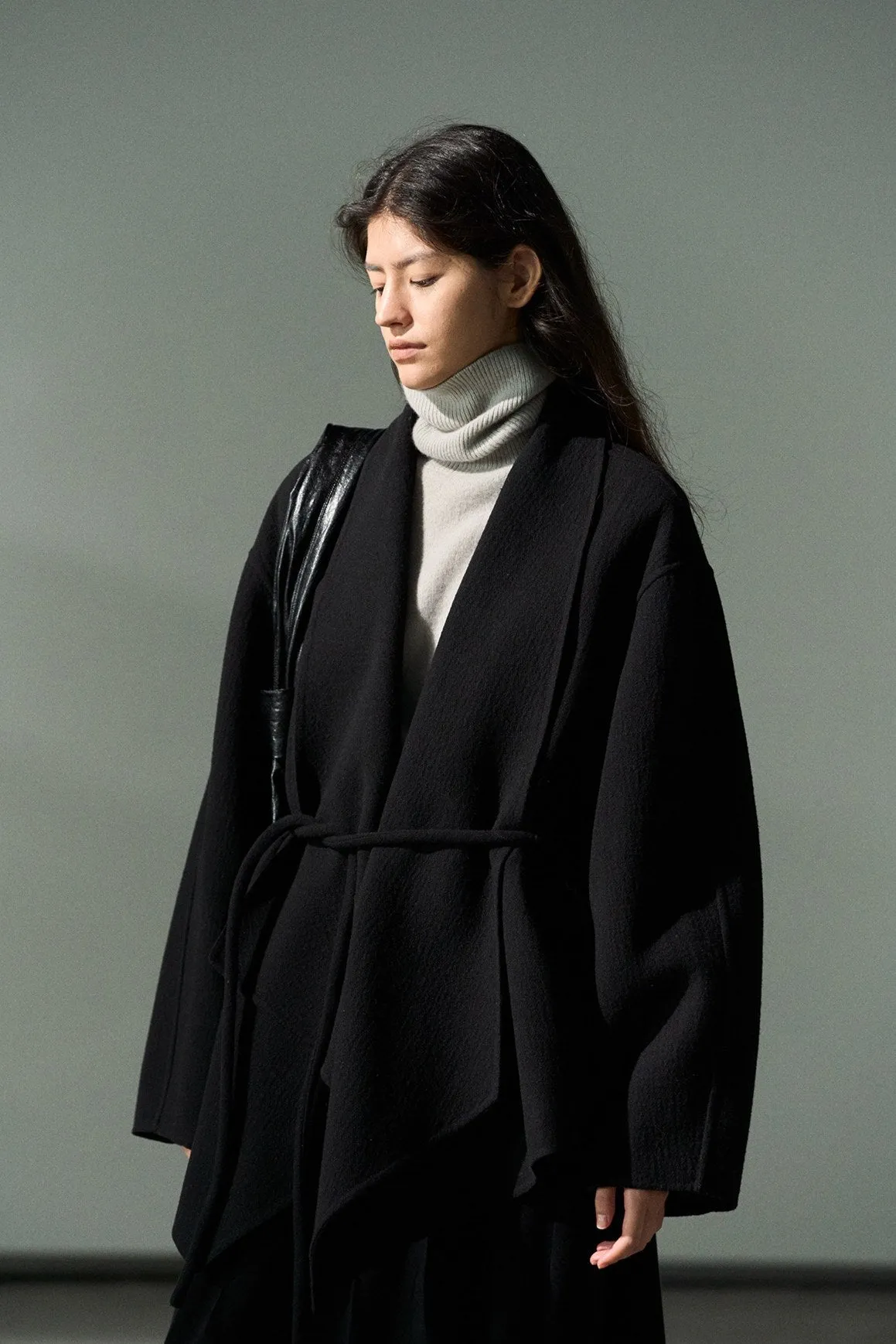 Wool riched big collar relaxed fit jacket with a belt | 3 color