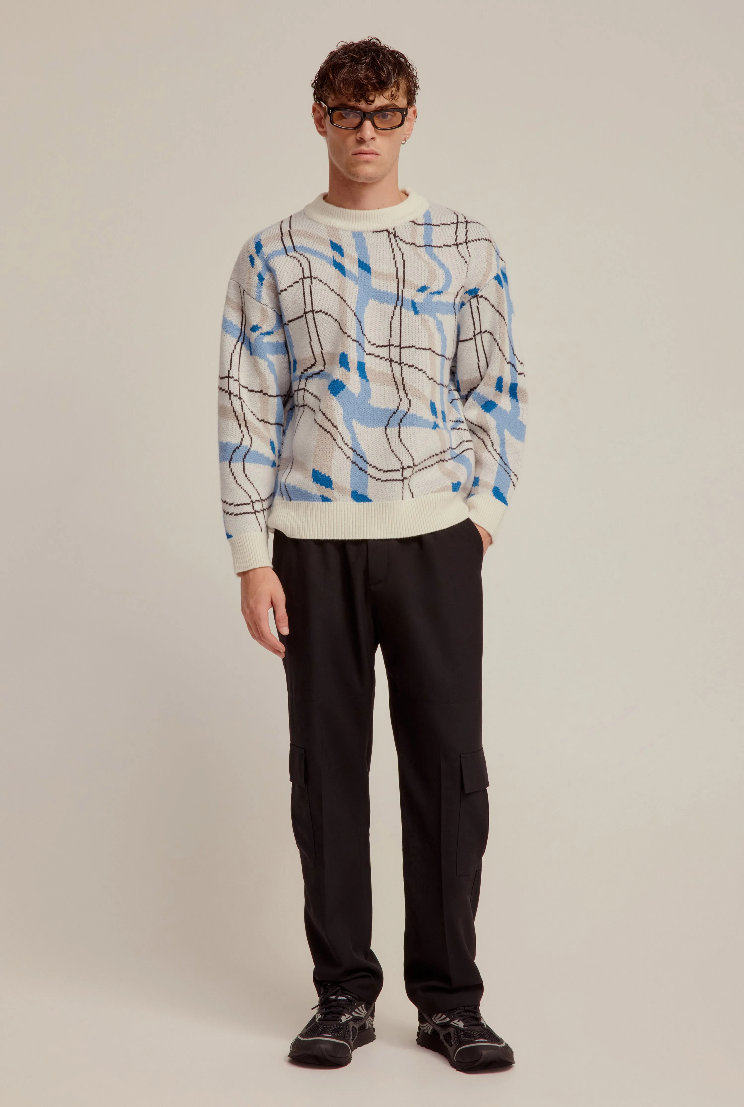 Wool Warped Check Intarsia Sweater - Off White/Blue Check