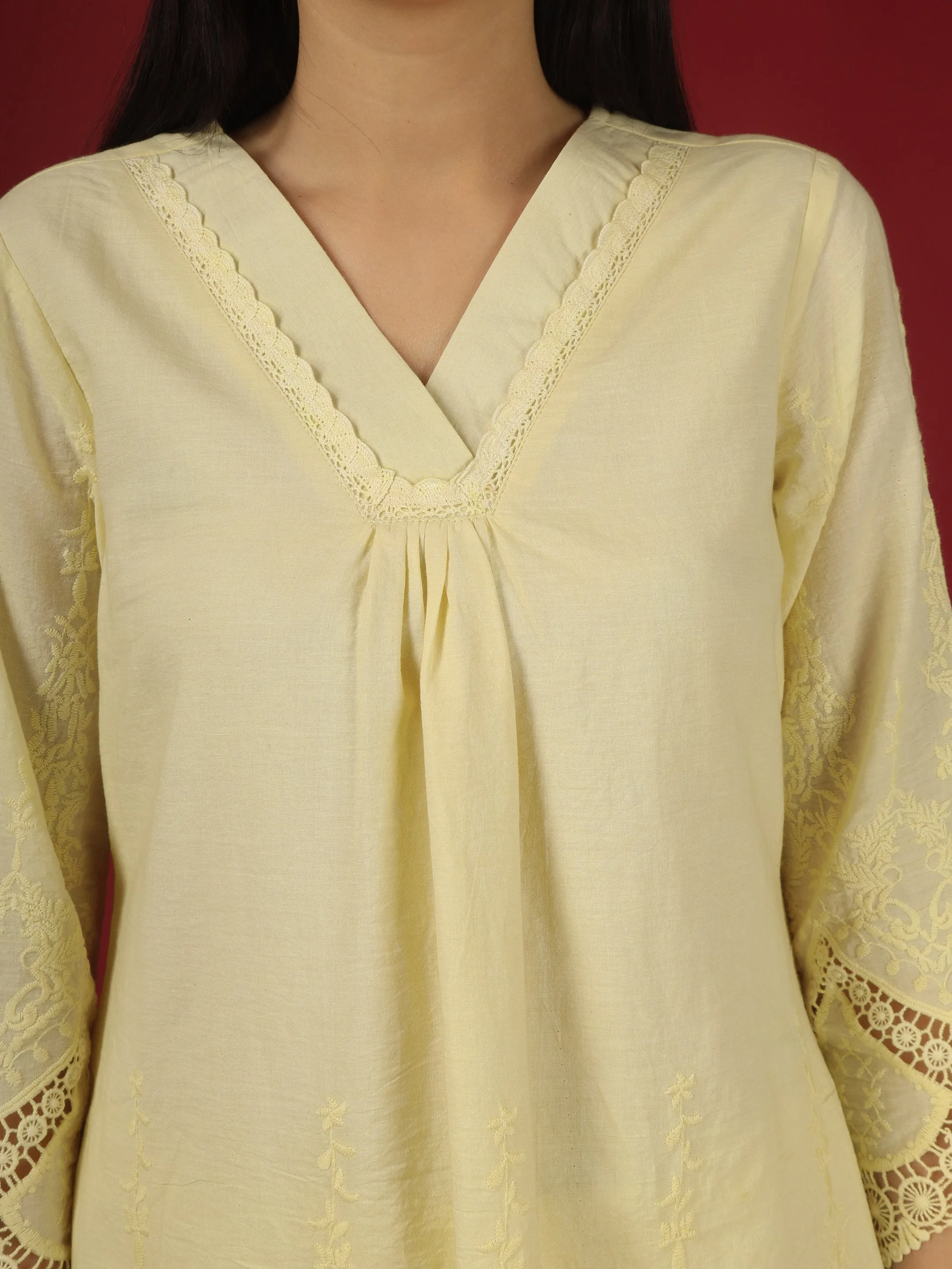 Yellow Embroidered Cotton Kurta with Pants- Set of 2