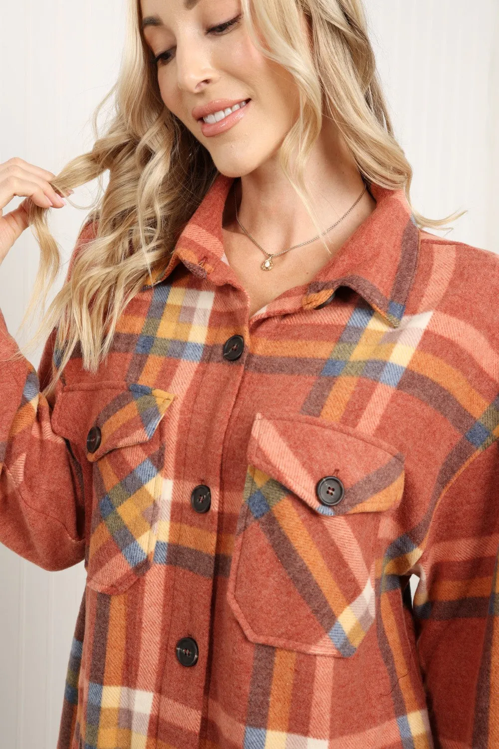 Zenana Pumpkin Spice Full Size Plaid Shacket in Rust