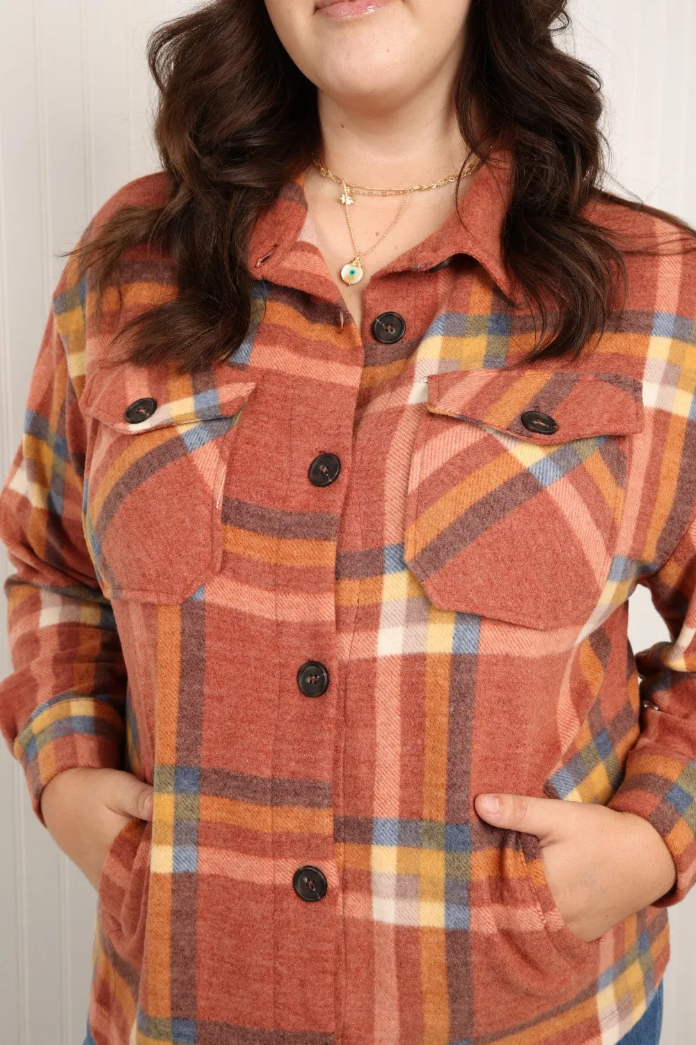 Zenana Pumpkin Spice Full Size Plaid Shacket in Rust