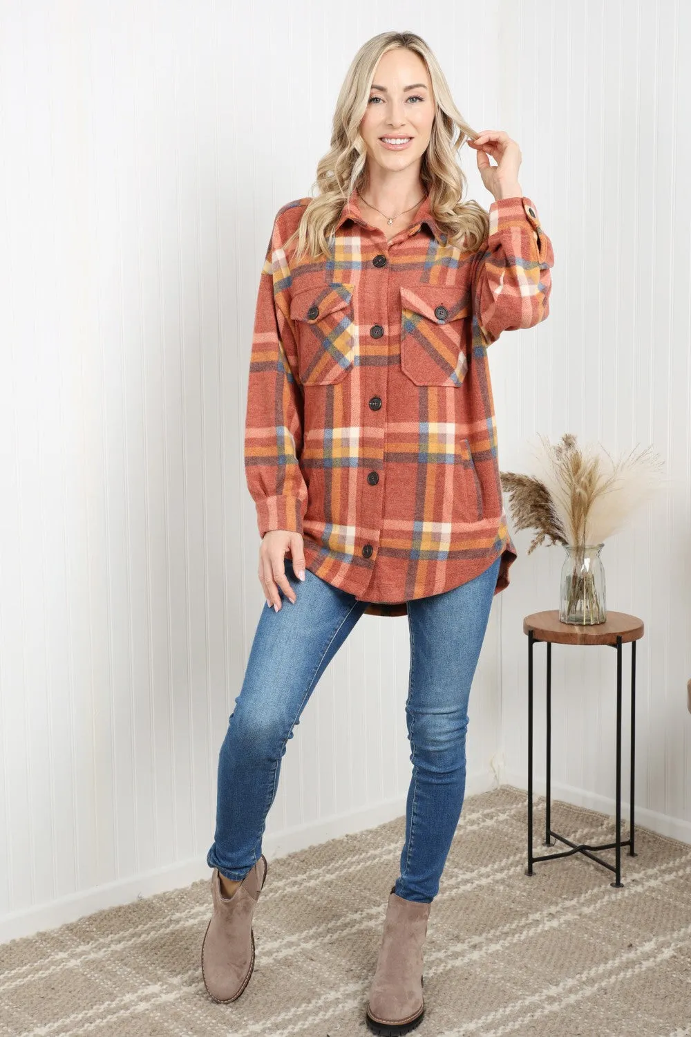 Zenana Pumpkin Spice Full Size Plaid Shacket in Rust